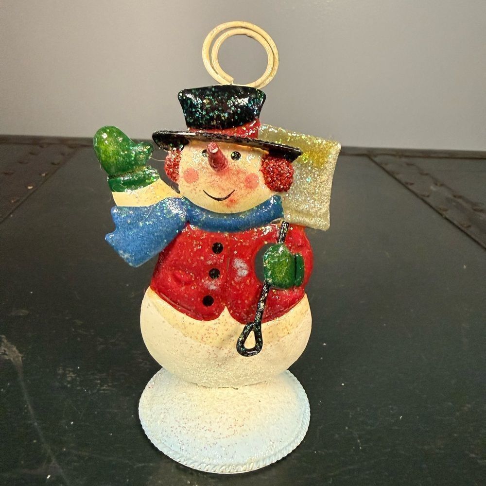 Whimsical Metal Snowman Top Hat Table Card Holder Christmas Xmas Decor